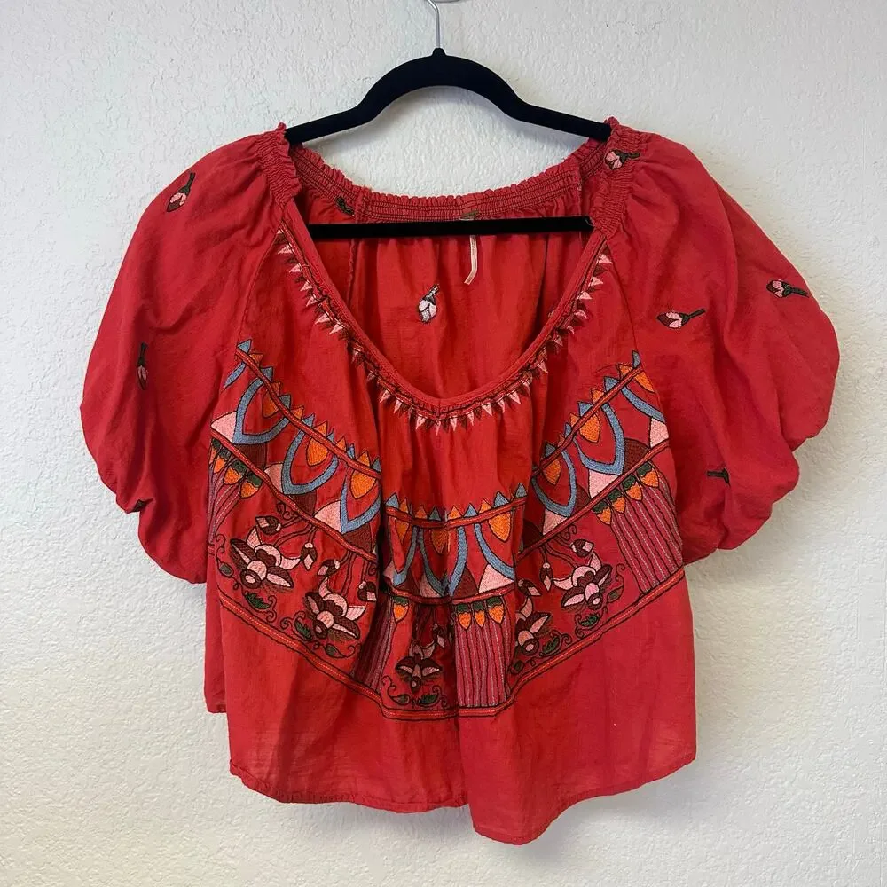 Free People Wind in Her Hair Embroidered Peasant Crop Top Red Size XS
